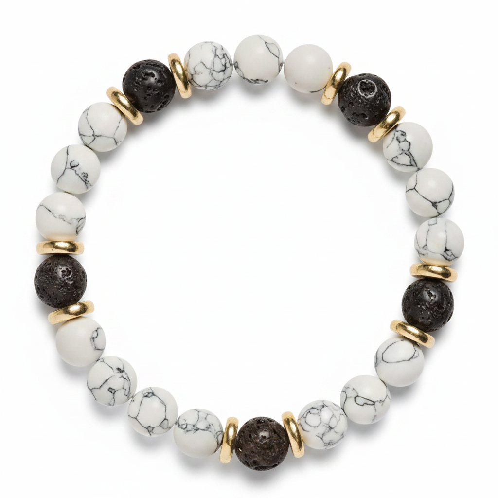 Magnetic Natural Stone Bracelet - white howlite and lava beads with gold accents